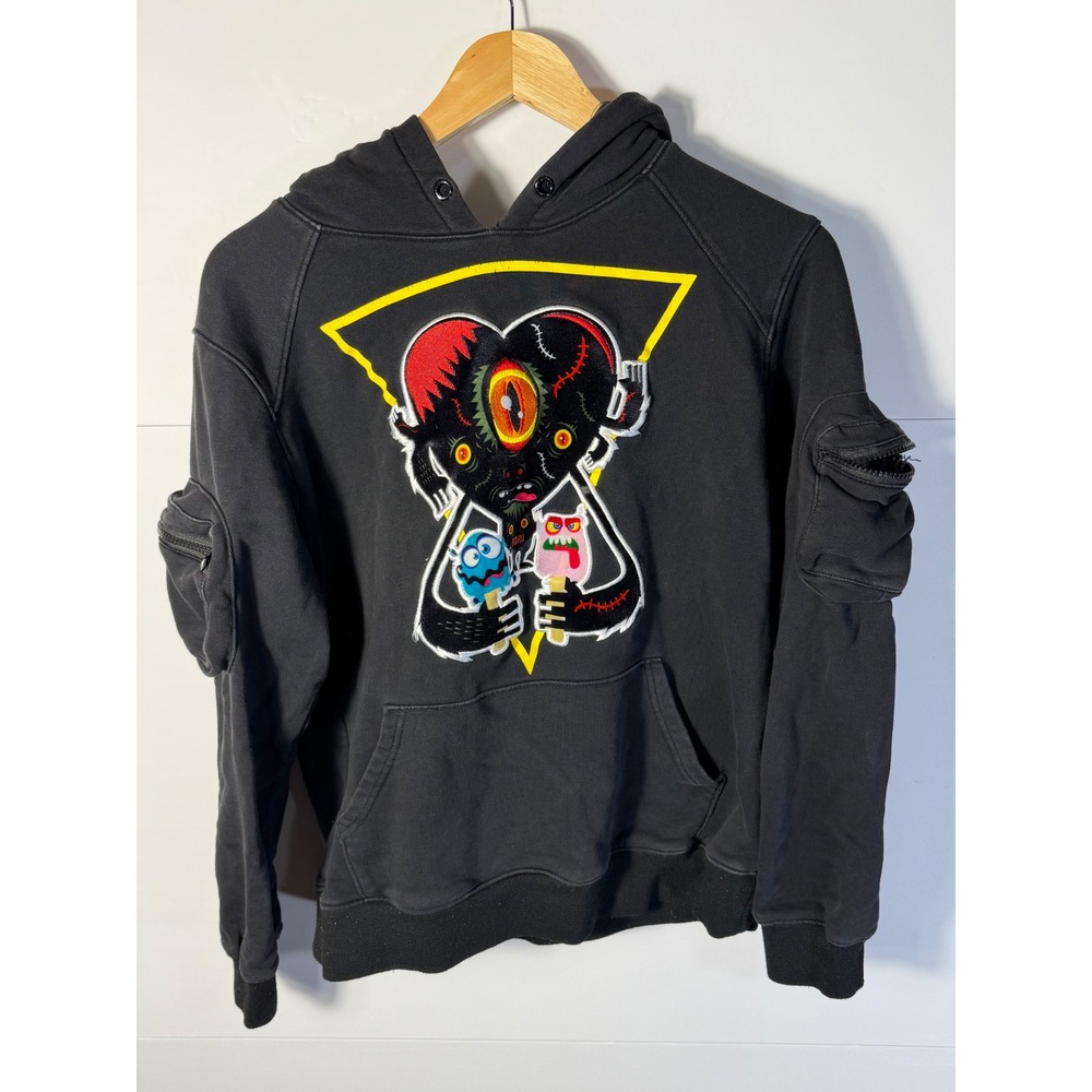 Roku Studio Mens Black Embroidered Heart Monster Cargo Sleeve Hoodie Size M